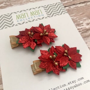 Mini Poinsettia Christmas Hair Clips - Small Christmas Bows - Poinsettia Hair Clip Set - Red Poinsettia Hair Clips - Christmas Bows