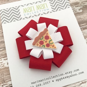 Pizza Hair Bow: Red & White Grosgrain Ribbon, Novelty Hair Clip