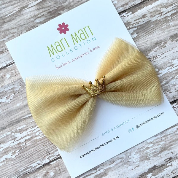 Gold Crown Hair Bow - Tiara Crown Hair Bow - Birthday Crown Hair Bow -Tulle Hair Bows - 4” Tulle Hair Bows Clips - Tulle