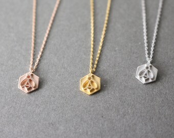 Little Bee necklace, gold bee necklace, silver bee necklace, rose gold bee necklace, Hexagon necklace