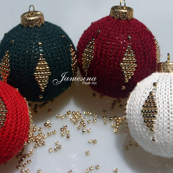 Hand Knit Hand Beaded Diamond Christmas Ornaments - 4 Colors Available