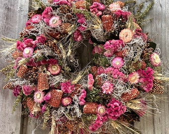 Pink Dried Flower Wreath , Farmhouse , Spring , Summer , Natural , Mother's Day Gift ,  Handmade , Door Decor , Mantle Decor