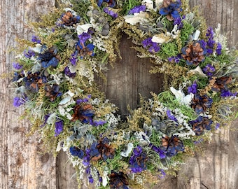 Square Botanical Wreath – Purple Statice, Blue Thistle, Moss Base – Rustic Woodland Door Decor