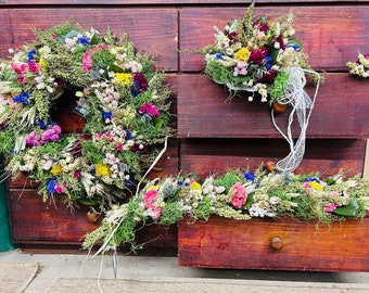 Handmade Dried Flowers Wedding Set, Vibrant Colors, Wreath, Bouquet, Garland, Boutonniere, Nature Lover, Spring Wedding, Summer Wedding