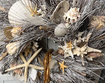 Coastal Pine Needle Wreath | Seashells, Starfish, & Feathers