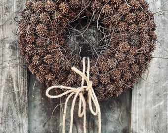 Sweetgum Ball Door Wreath – 16” Rustic Farmhouse Style