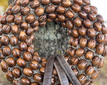 Pecan Wreath with Leather Accent | 16" Modern Farmhouse Decor