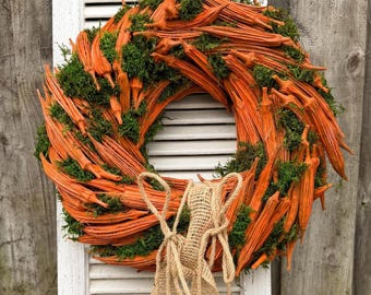Whimsical Carrot Wreath with Moss | Rustic Farmhouse Door Decor | Cottage Garden Style