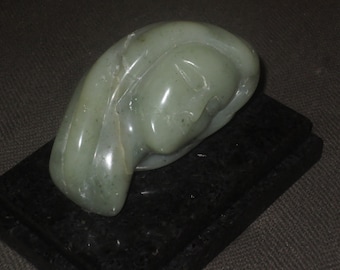 Vintage 1980/'s Female Bust Green Soapstone Sculpture 2 tier black marble base