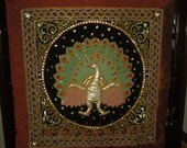 Large Vintage Burmese Kalaga Peacock Design Silk and Cotton Wall Hanging with Carved Wood Hanging Support Rod, Peacock Kalaga