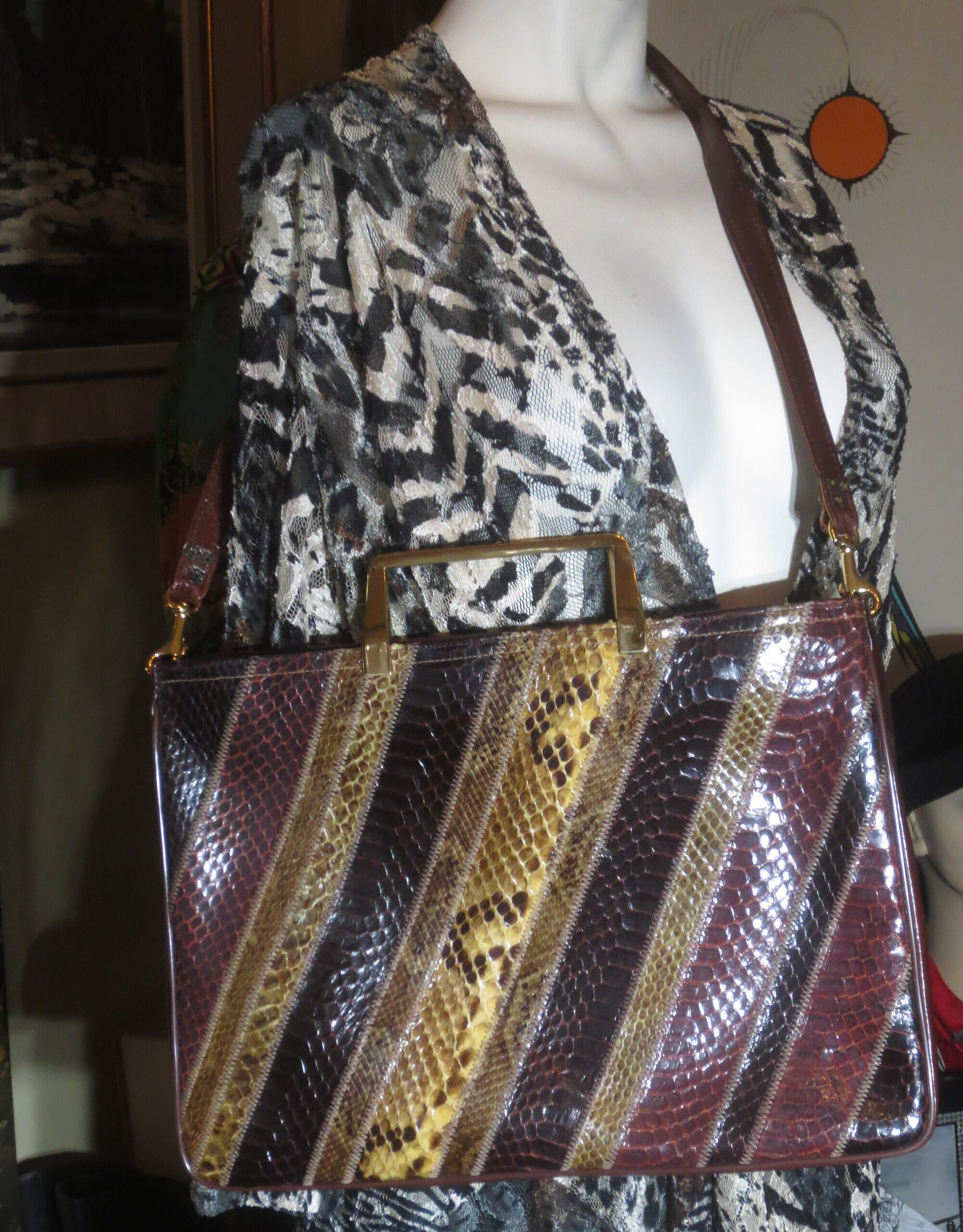 Vintage Varon Top Handle Shoulder Strap Snakeskin Handbag Varon Shoulder Bag