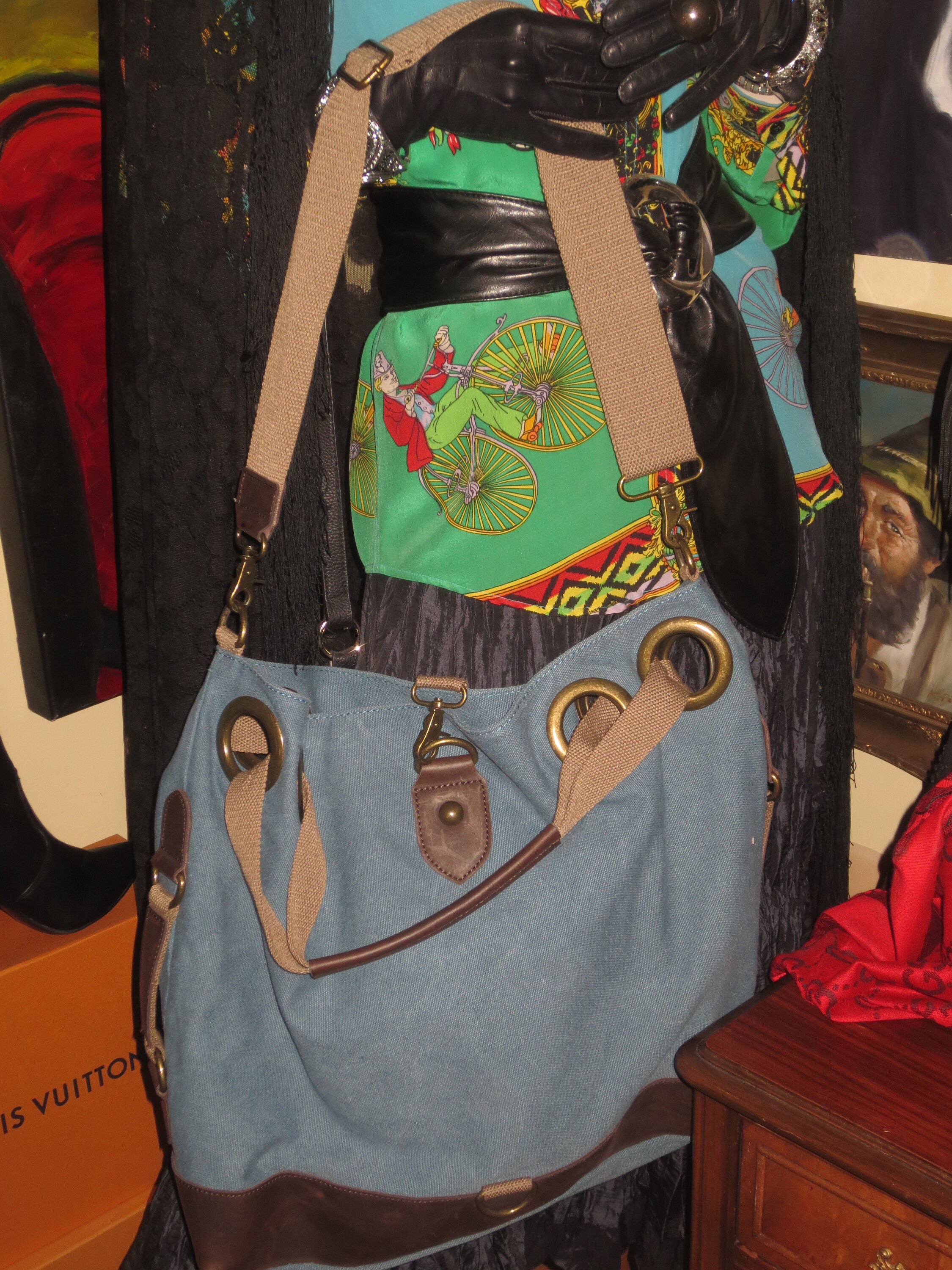 Mini leather-trimmed canvas shoulder bag