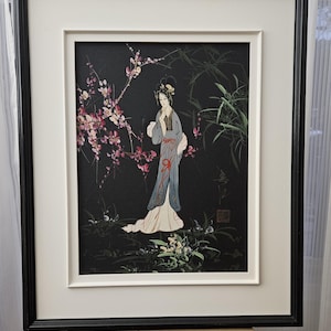 Framed Vintage Acrylic Oil Painting on Linen Beautiful Japanese Woman Posing in Rose Garden