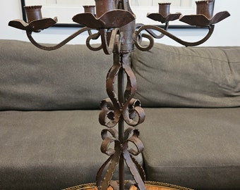 Vintage 1950's Medevial Gothic Hand Made Artisan Heavy Iron Candleabra 6 Holder Centerpiece Candle Stand