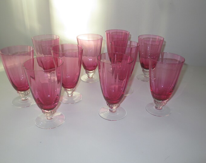 Vintage Set of 10 Cranberry on Crystal Stem Cordial Glasses , Cranberry