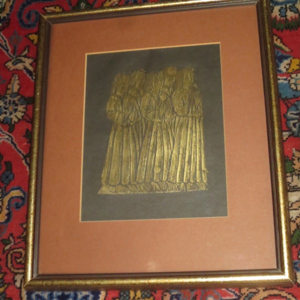 Vintage 1980's Brass Rubbing Historical Art on Black Paper Faux Gold Headstone Rubbing, Five St. John's Sons Circa 1503