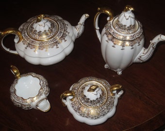 Vintage Royal Stafford Gold on White Porcelain Tea Pot, Coffee Pot , Creamer and Sugar Bowl , Royal Stafford Register Number RN732562