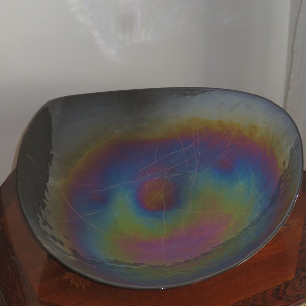 Vintage  Yalos Murano Italy Mid Century Design Iridescent Art Glass Folded Edge Huge 19 inch Diameter Centerpiece Bowl with Abstract Design