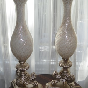 Vintage Pair Mid Century Style Italian Murano Art Glass Gold Fleck Table Lamps, new wiring , tri-light sockets