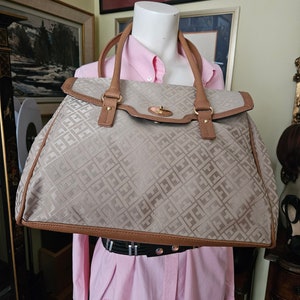 Vintage Tommy Hilfiger Beige And Tan Monogramed  Shoulder Bag Tote Bag