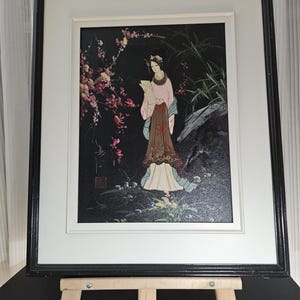 Framed Vintage Acrylic Oil Painting on Linen Beautiful Japanese Woman Posing in Rose Garden