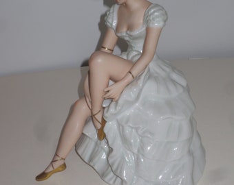 Vintage Wallendorf Porcelain Figurine of Ballerina in a Sitting Position lacing her shoes, German Porcelain Figurine
