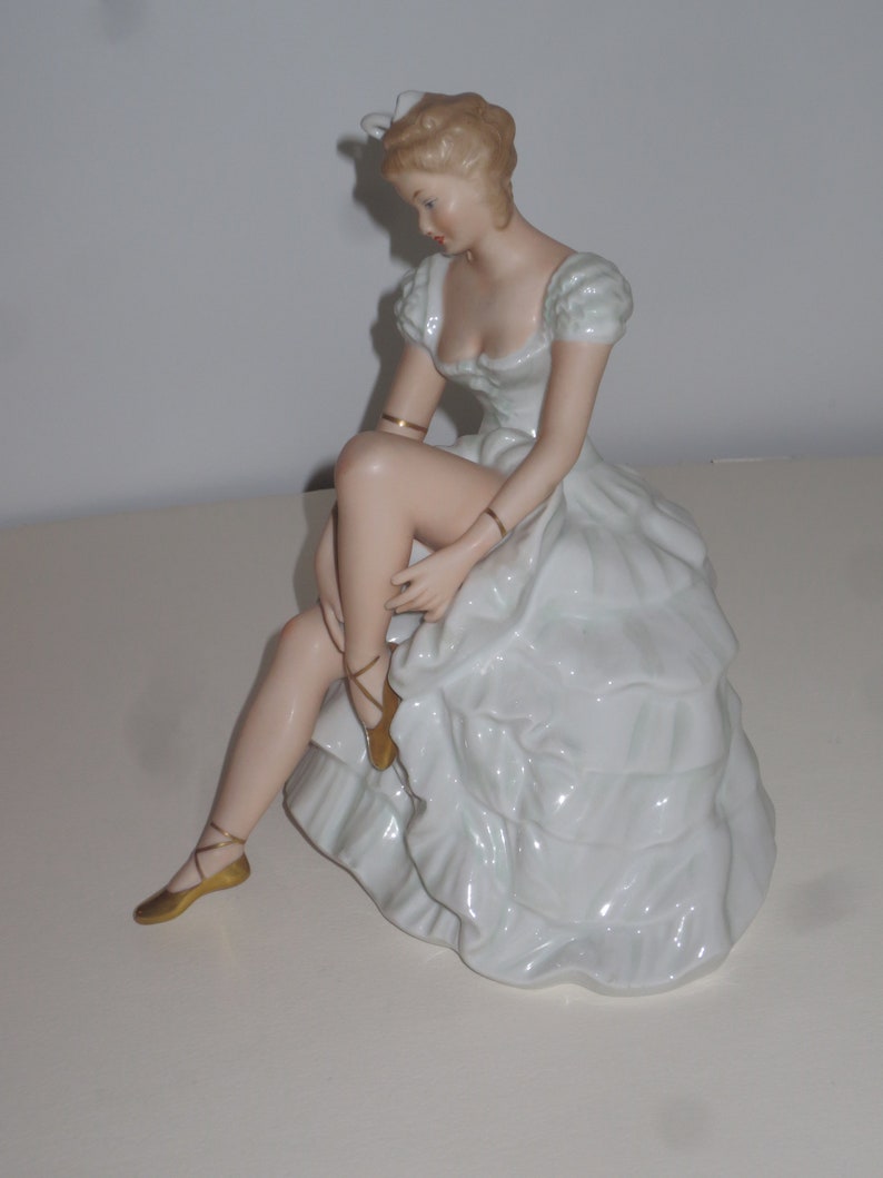 Vintage Wallendorf Porcelain Figurine of Ballerina in a Sitting Position lacing her shoes, German Porcelain Figurine image 1