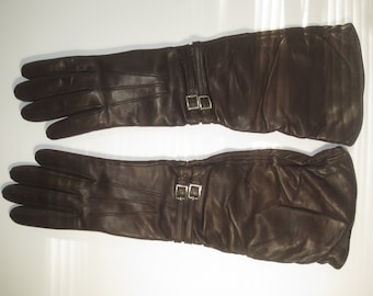 Stunning Vintage 90's Woman's Size 7 1/2 Portolano Dark Brown Lambskin Leather 16 inch Gloves Cashmere Lined confirmed by original label