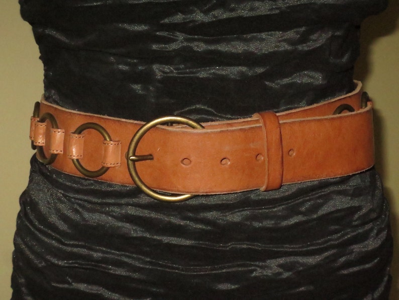Woman/'s Vintage Cognac Tan Leather Belt Brass Antiqued Buckle and Ring Appliques