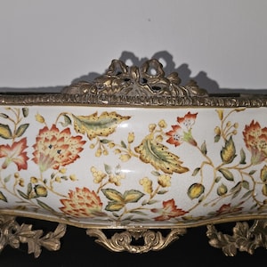 Vtg. Wong Lee  Floral Centerpiece Crackle Porcelain on Bronze Pedestal Base  Accented with Bronze Female Personnage Handles and Rim Accents