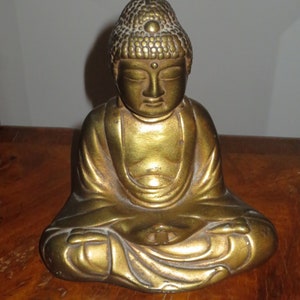 Vintage 6 1/4 inch Solid Copper Gold Gilt Painted Buddha Incense Burner Signed with Maker&#39;s Mark