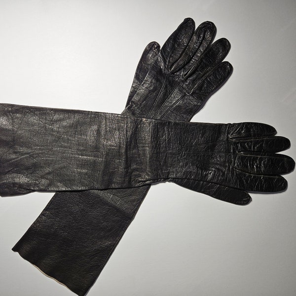 Woman's Vintage 60's Black Kid Leather 16 inch long unlined Gloves Size 7 1/4 Gant Perrin France