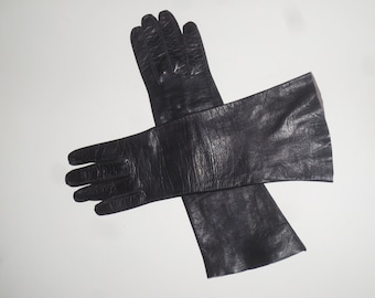 Vintage 80's Woman's Black 12 1/2 inch long Unlined Kid Leather Gloves Size 6 1/2 Formal Dress Gloves Made in Hungary