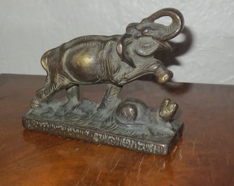 Vintage Solid Bronze / Brass Elephant with Original Patina, Elephant Trunk Up in Defensive Pose against Lion