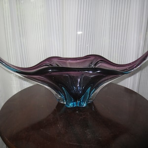 Vtg 60's Large 18 7/8 inch Three Color Art Glass Fruit Bowl Centerpiece Mid Century Design Art Glass Blue, Mauve and Clear Glass Combination