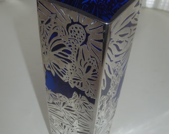 Vintage Cobalt Blue Art Glass Vase signed Jaeger Sample Sterling  with Art Nouveau inspired Sterling Silver Overlay