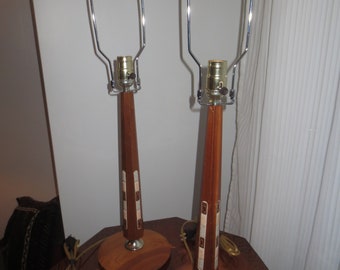 Vintage 70's Pair of Mid Century Decor Table Lamps with Ceramic Mosaic Tile Inserts in Teak or Walnut Wood Column Shafts