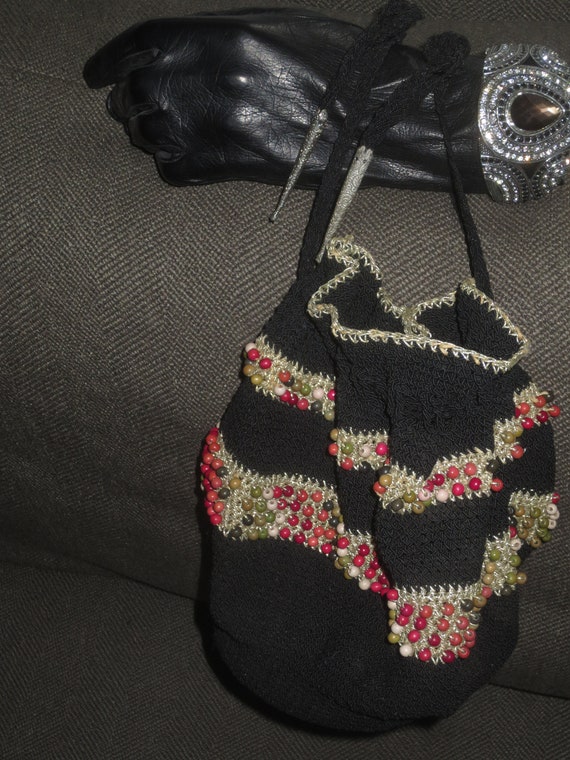 Vintage Black Crochet Drawstring Handbag with Doub