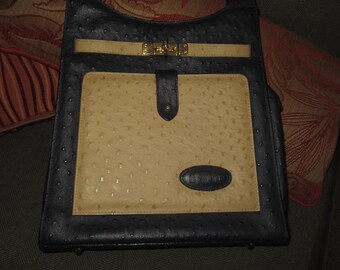 Excellent Quality Vintage Genuine 2 Tone Ostrich Leather Shoulder Bag Designer Le Loup Made in France