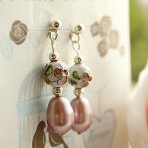 Floral Cloisonné enamel earrings with dusky pink Swarovski glass pearls, vintage style statement earrings