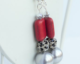 Silver pearl and red coral earrings, genuine coral gemstone earrings with Swarovski glass pearls, partywear gift for her