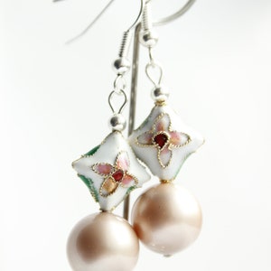 Floral Cloisonné enamel earrings with gold Swarovski glass pearls, vintage style statement pastel earrings