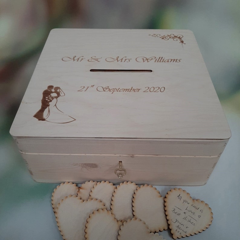 Lockable Wooden Wedding Card Box Personalised Post Box with key lock Wedding Memory Case Slot Box for Wooden Hearts Tags Guest Wishes