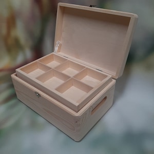 Wooden Storage Box With 6 Compartment Display Trays -  Jewellery Organiser- Sewing Box- Thread Case- Keepsake Chest