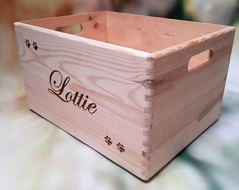 Customised Pet Toy Box - Large Wooden  Storage Hamper Chest Box with Handles - Personalised Dog Cat Den House- Pet Food Collection Crate