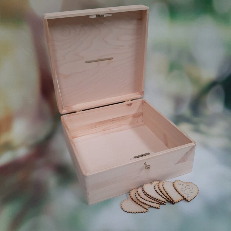 Lockable Wooden Wedding Card Box Personalised Post Box with key lock Wedding Memory Case Slot Box for Wooden Hearts Tags Guest Wishes