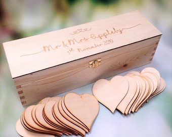 Wedding Guestbook with 60 wooden hearts- Wooden Wine Box - Heart Wishes Sign - Personalised Guest Book- Custom Guestbook -Wedding Guest Gift