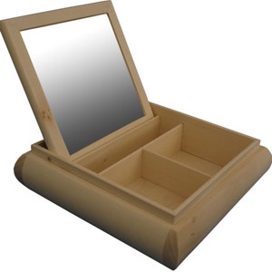 Unpainted Wooden Case with Mirror and dividers Rounded Sides Make Up Dressing Box Jewellery Holder Square Keepsake