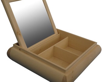 Unpainted Wooden Case with Mirror and dividers Rounded Sides Make Up Dressing Box Jewellery Holder Square Keepsake