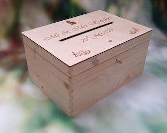 Lockable Wedding Guests Book - Well Wishes Wooden Post Box with Slot - Cards Drop in Memory Case - Personalised Present Wedding Theme